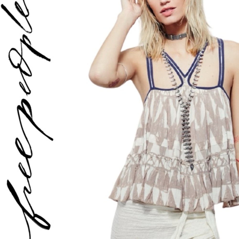 Free People Beige and Navy Printed Peasant Tank Top